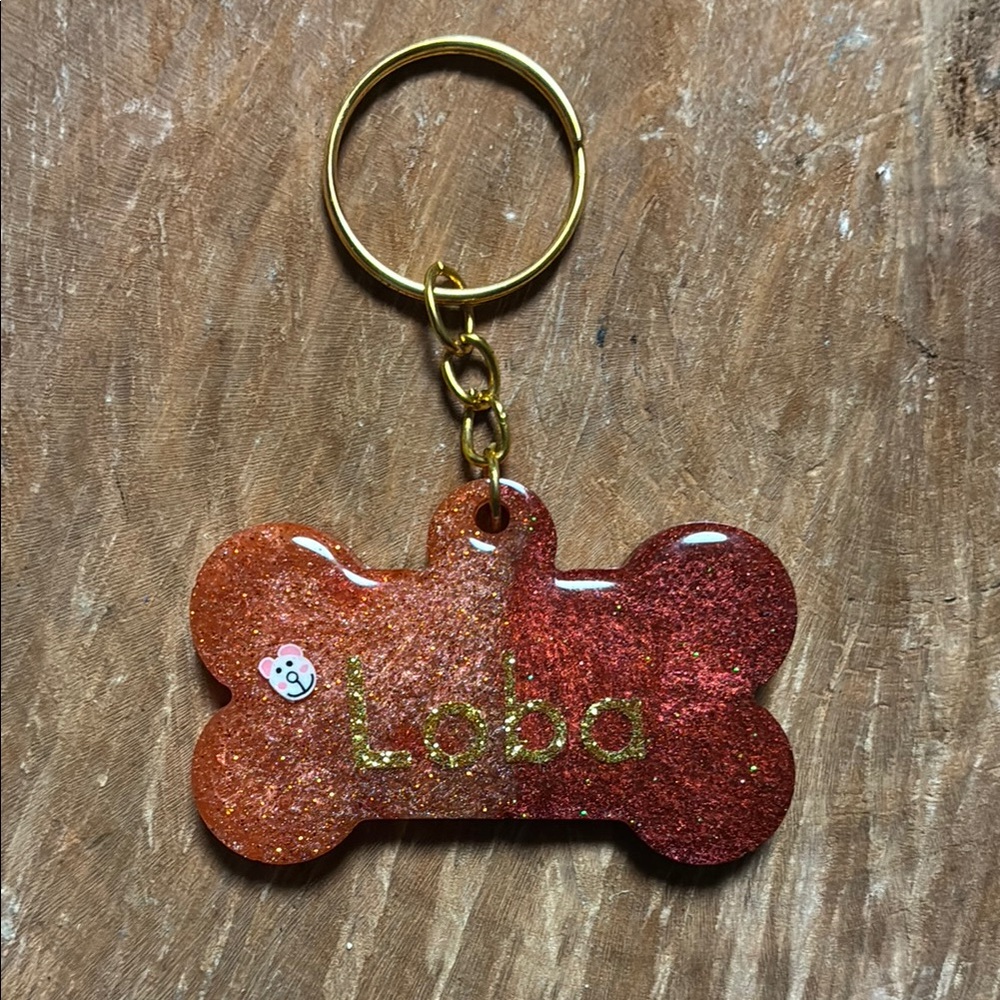 Glitter tag Dog Bone Keyring- brown and Gold